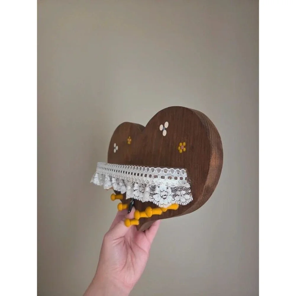 Cottagecore wooden heart wall key rack vintage